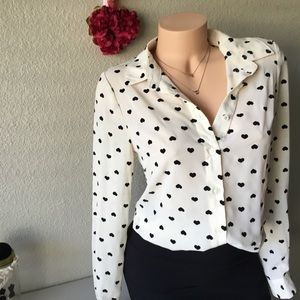 New WILD HONEY Sheer Heart Print Button Up Blouse